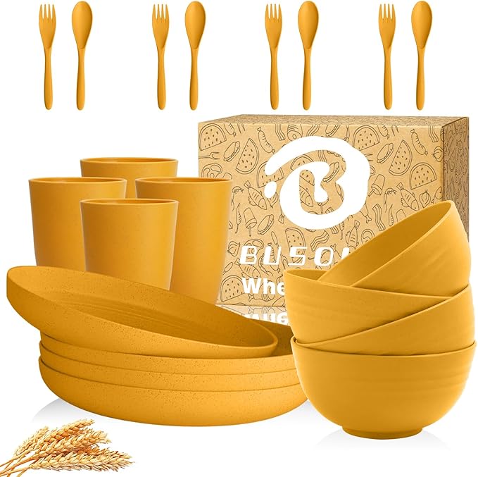 Wheat Straw Plates and Bowls Sets 20 Piece, Unbreakable Kids Dinnerware Sets for 4, Microwavable Plates, Bowls, Cups Set, Reusable Plastic Dishes Set for Camping, Kitchen, College (Yellow)