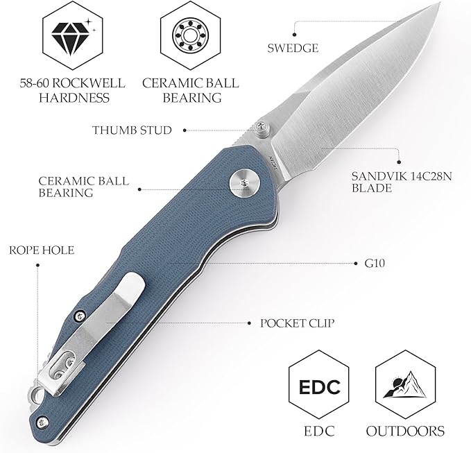 Pocket Knife for Men,EDC Folding Knife with Reversible Clip,3.3in 14C28N Blade, Thumb Studs & Lockback Outdoor Knives, Camping Tool,Arae-03G(Satin)