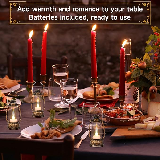 12Pcs Mini Lantern Decorative with Flickering LED Candle, 6Inch Small Western Lantern for Table Centerpiece, Vintage Hanging Candle Holders for Western Halloween Camping Party Decor (Brown)