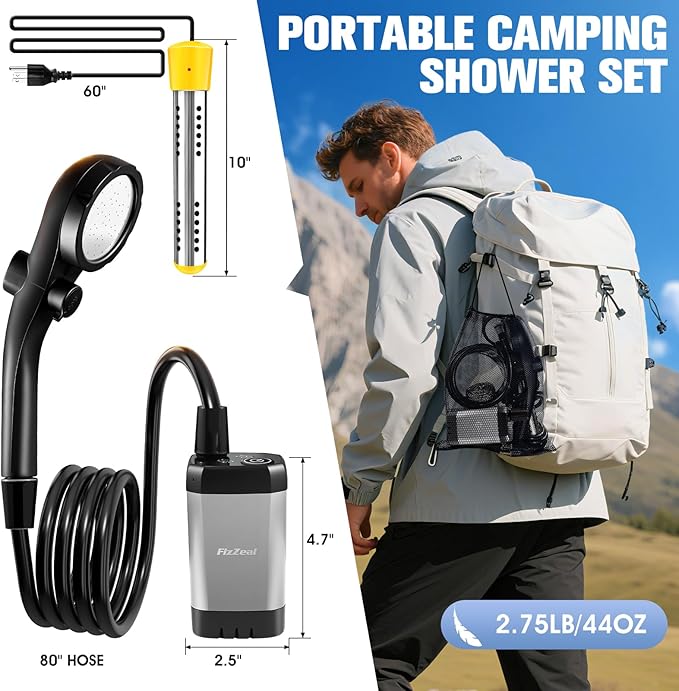 Portable Shower With Heater,Portable Shower For Camping With 2000W Auto-Off Heater,4 Spray Modes,Lasting 140 mins,LED Display,Portable Shower Pump,Outdoor Shower For Camping,Hiking,Travel,Car,Pet