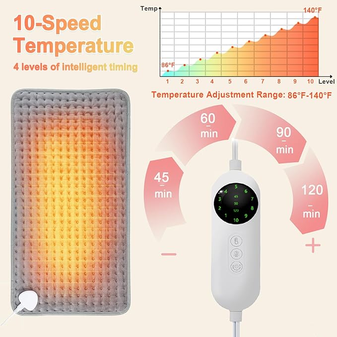 Heating Pad, Electric Heating Pad 24"X12" for Back Neck Shoulder Belly Heating Technology, Ultra-Soft Moist & Dry Therapy Heat Pad with 10 Temperature Settings 3 Timer, Automatic Switch-Off, Grey