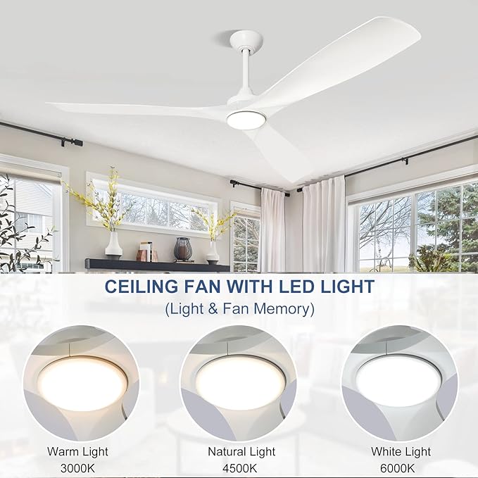 3 Blades Ceiling Fans with Light: White Ceiling Fans with Reversible DC Motor 5 Speed - 60 Ceiling Fan with Remote for Indoor Outdoor Covered Patios