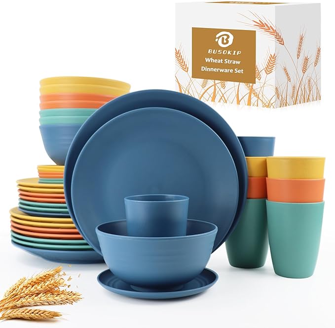 40 Pieces Plates and Bowls Sets, Wheat Straw Dinnerware Sets for 8, Dinner Plates, Cereal Bowls and Drinking Cups, Unbreakable and Reusable Plastic Dinnerware Sets (Multicolor)