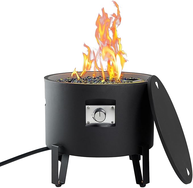 Portable Propane Fire Pit for Camping RV 50,000 BTU Round 15'' H x 16'' W Portable Gas Firepit W/Lid, Glass Rocks & Weather Resistant for Outdoors, Propane Extension Hose, Black
