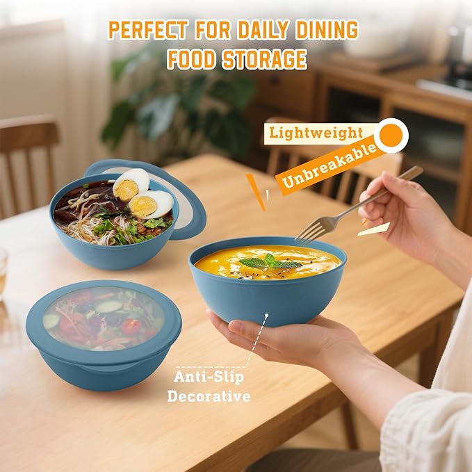 Homienly Bowls for Kitchen, Wheat Straw Bowls with Lids, Salad Container for Lunch, Unbreakable Microwave and Dishwasher Safe 40 OZ Large Bowl for Soup, Cereal, Ramen, RV, Camping, College Dorm, Blue