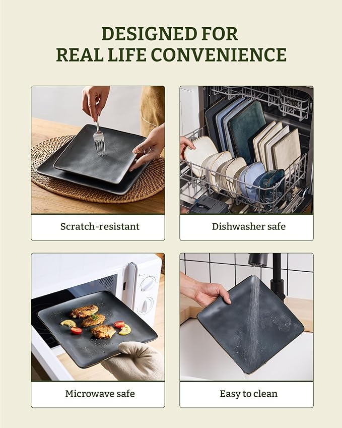 Famiware Dinnerware Sets for 4, Ocean Square 12-Piece Kitchen Plates and Bowls Sets, Microwave and Dishwasher Safe, Scratch Resistant, Matte Black