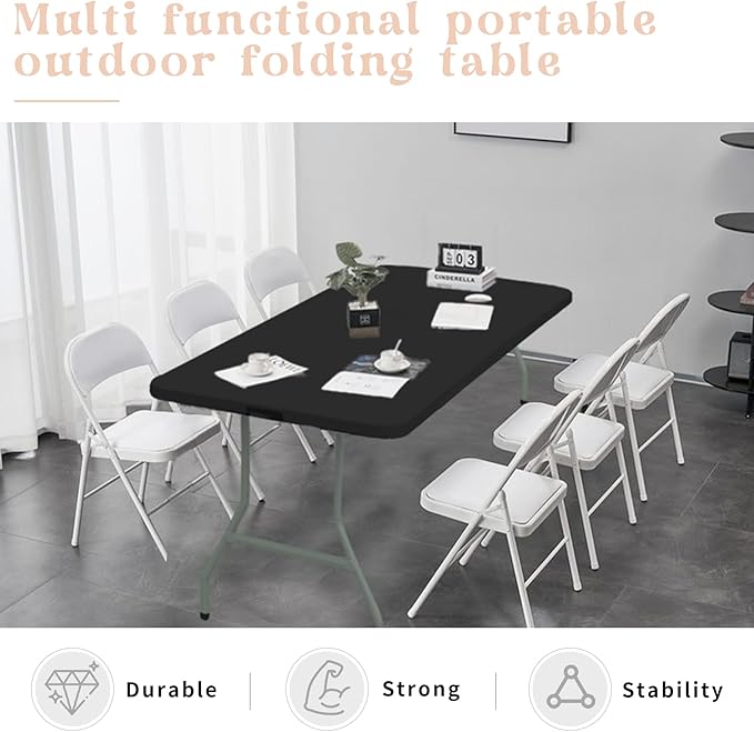 Set of 2 Folding Table 8 FT Camping Table Portable Heavy Duty Plastic Rectangular Outdoor Dining Table Steel Legs Fold-in-Half with Carrying Handle for Indoor,Picnic,Party,Wedding,Events(Black)