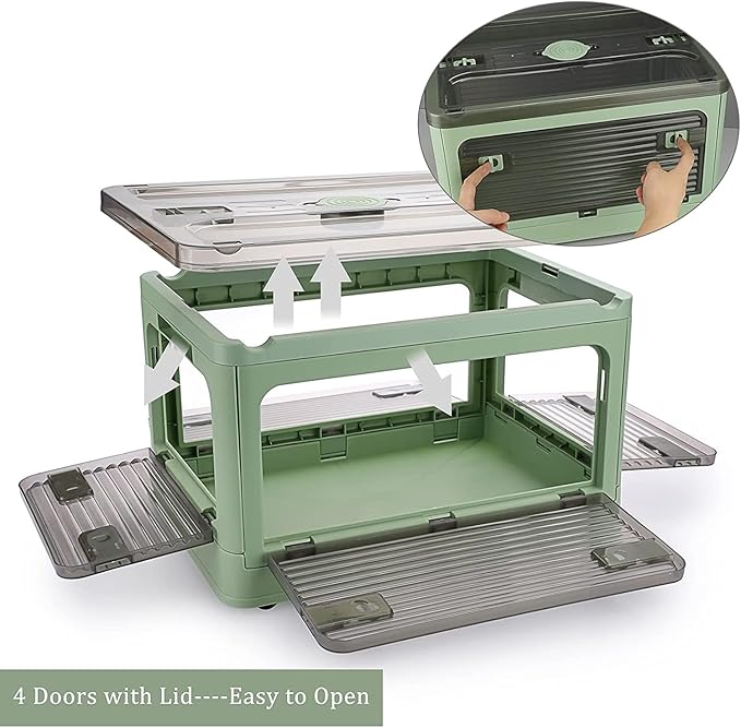 Folding Storage Bins, 36 Liters, 2 Pcs Green Plastic Storage Containers with Wheels, Four Doors, Foldable, Stackable, Plastic Box with Lids for Organization, Storage Cart