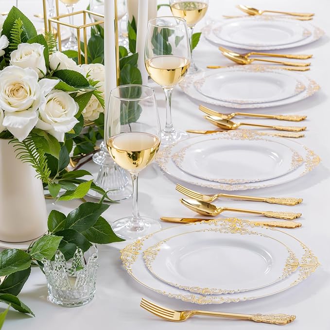 Nervure 175PCS Gold Plastic Plates - Disposable White Gold Party Plates & Pre Rolled Napkins with Cutlery for 25 Guests, 50Plates, 75Silverware, 25Cups, 25Napkin for Wedding & Party & Thanksgiving