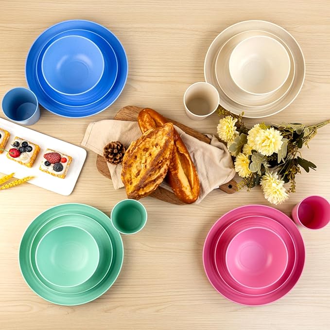 Supernal Plastic Plates Reusable Unbreakable Wheat Straw Dinnerware Set, 16Pcs Plates and Bowls Sets, Vajillas Modernas Para 4 Personas, Camping Dishes, Apartment Essentials(Beige, Blue, Green, Pink)