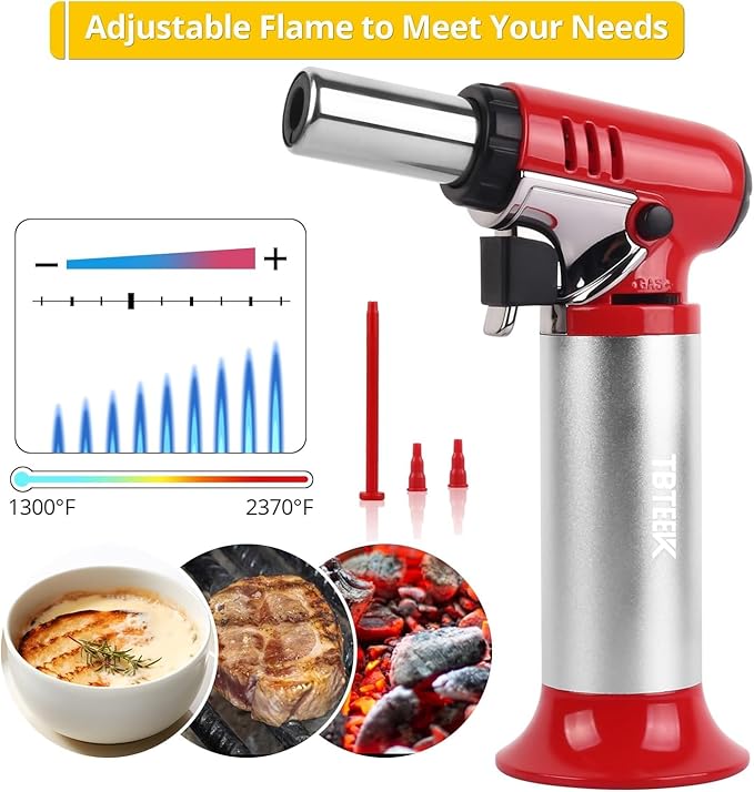 TBTeek Butane Torch, One-hand Operation Kitchen Torch with Adjustable Flame for Grilling, Baking and Soldering (Excluding Butane Gas), Red