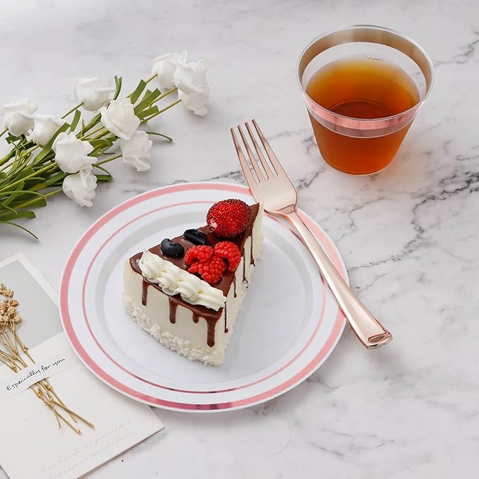 300PCS Plastic Dinnerware Set (50 Guests), Rose Gold Disposable Plates for Party, Wedding, Christmas, Anniversary, Includes: Dinner Plates, Dessert Plates, Cups, Spoons, Forks and Knives