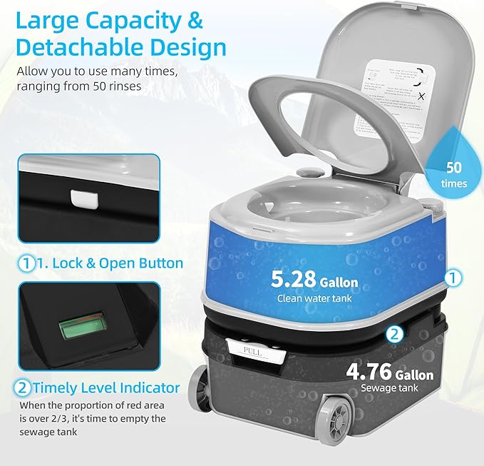 YITAHOME 5.28 Gallon Portable Toilet for Camping, RV Travel Porta Potty with Press Flush Pump, Leak-Proof, Level Indicator, Rotating Spout for Adults, Campers, RV, Boating, Hiking, Trips