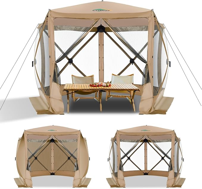 COBIZI 10x10 Pop up Gazebo Screen House Tent for Camping, Pop-up Camping Canopy with Sidewalls, Portable Outdoor Quick-Set Hub Tent with Carrying Bag&Ground Stakes, Khaki(Upgraded 2.0)