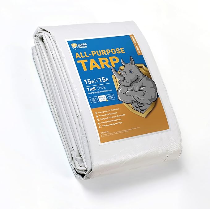 GUARD SHIELD White Tarp 15x15 Feet Medium Duty All Purpose Poly Tarps Cover 7mil