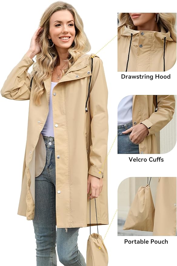 Zando Long Packable Rain Jacket Women Waterproof - Raincoat for Women Rain Coat with Hood Lightweight Outdoor Windbreaker