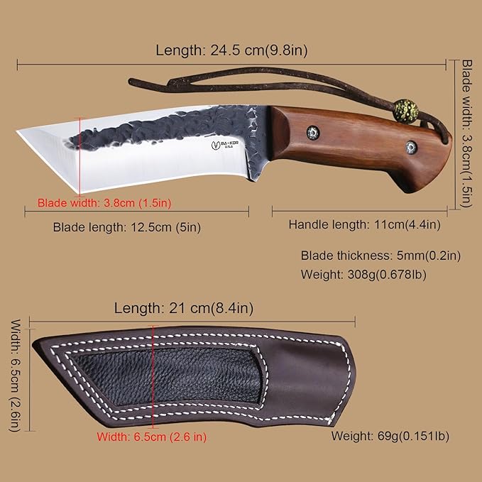 BA-KOR Yellow pear wood handle 5mm 9CR18MOV steel (9.8IN) full Tang forged fixed knife + sheath & (5.9IN) iron ceric igniter, suitable for outdoor camping, tactical survival, EDC, hunting knife