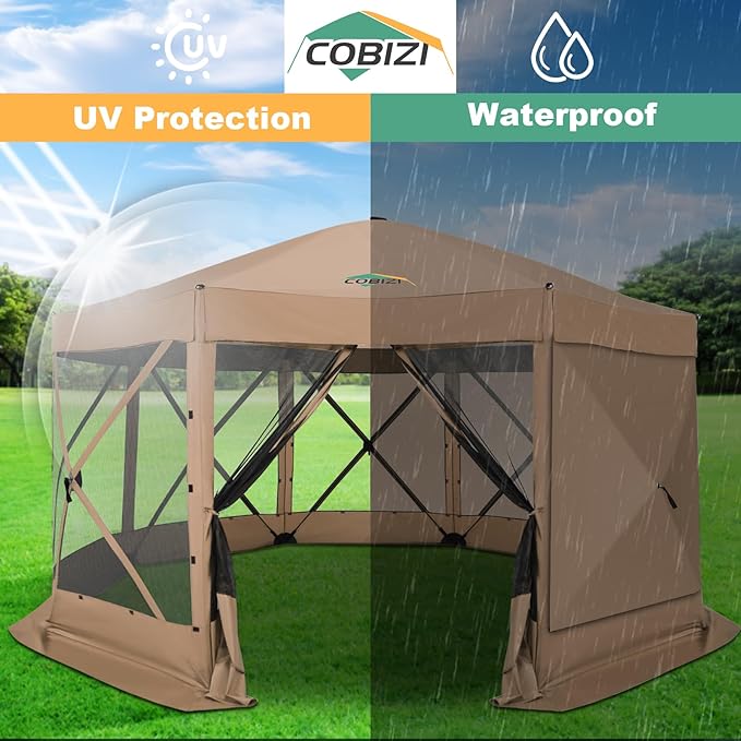 COBIZI 15x15ft Extra Large Pop Up Gazebo Canopy Tent with Mosquito Netting, Spacious Easy Set-Up Screened Shelter, Durable Outdoor Pavilion with Ground Stakes, Perfect for Patio, Backyard, Khaki
