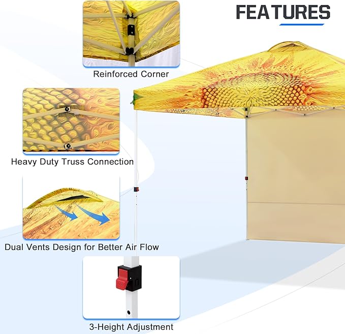 EAGLE PEAK Pop Up Canopy Tent with 1 Sidewall, Easy Setup Event Tent, Outdoor Sun Shade, Wheeled Carry Bag, Stakes and Guy Ropes, Instant Canopy 10x10, Sunflower