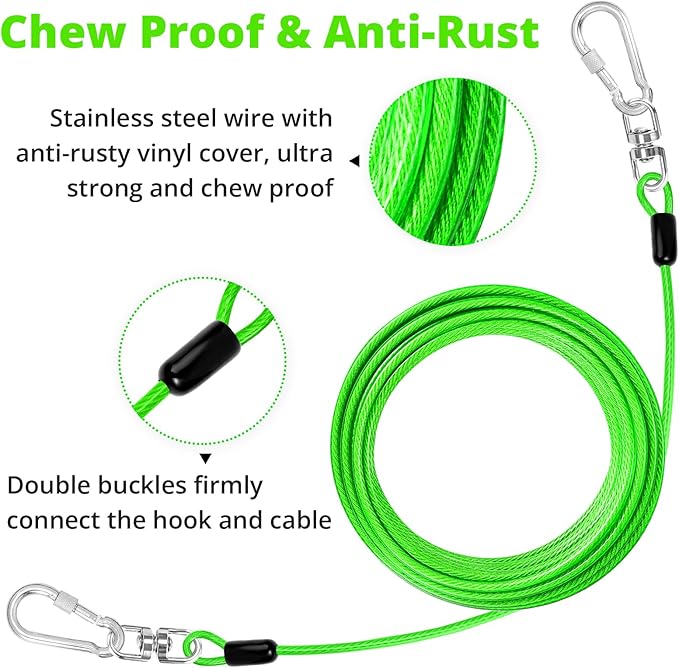 jenico Dog Tie Out Cable: 15 ft Dog Lead for Yard - Heavy Duty Chain Leash Outside for Small Large Dogs Up to 500 lbs - Outdoor Dog Runner Tether