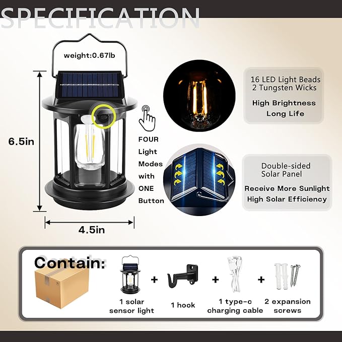 Solar Motion Sensor Lanterns, Outdoor Hanging Lamps, Waterproof, Camping Lights, Rechargeable, Battery Powered, Bright, Decoration for Outside, Porch, Garden, Patio, Yard, Retro Vintage, Gifts