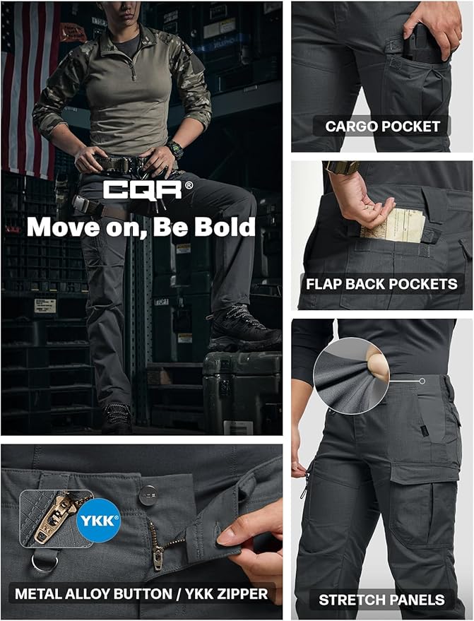 CQR Women's Flex Stretch Tactical Pants, Water Resistant Ripstop Cargo Work Pants with Pockets for Outdoor & Hiking