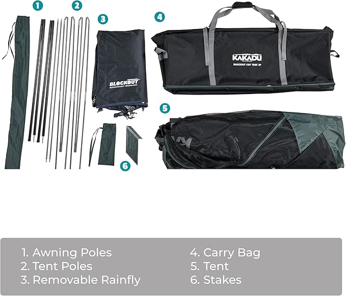 Kakadu Camping Tent Cot, 2 Person, Quick Setup, Folding, Compact, Elevated Tent with BlockOut Rain Fly, Awning Poles, Ultra-Fine Mesh Windows, and Carry Bag