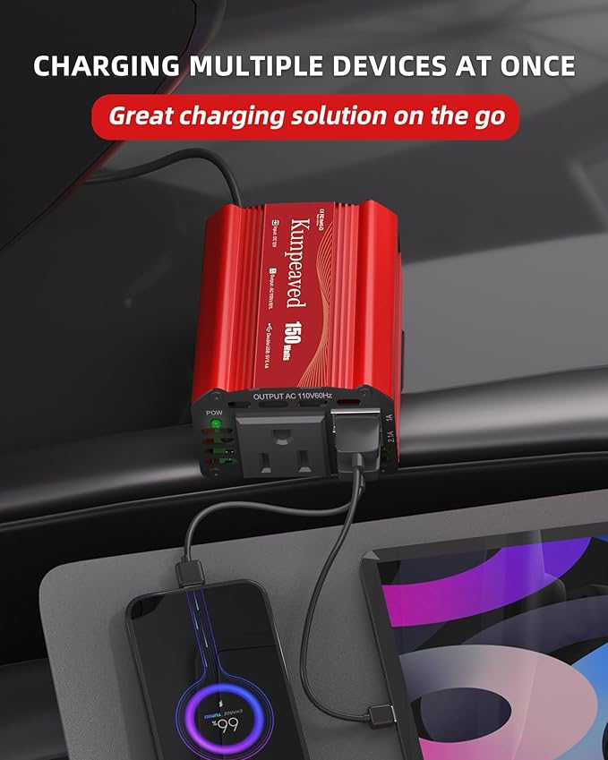150W Power Inverter DC 12V to 110V Car Charger Converter with Dual USB Ports and AC Outlets for Air Compressor Laptops, Road Trip Accessories (Red)