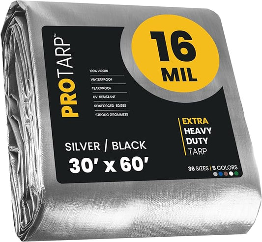 PROTARP Extra Heavy Duty 16 Mil Tarp Cover, Waterproof, UV Resistant, Rip and Tear Proof, Poly Tarpaulin with Reinforced Edges for Roof, Camping, Patio, Pool, Boat. (Silver/Black 30′ X 60′)