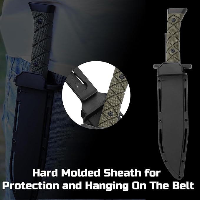 15" Fixed Blade Tactical Knives with Sheath, Stainless Steel Survival Hunting Bushcraft Full Tang Non-Slip Handle Knife with Serrated Blade Back for Camping Adventure EDC