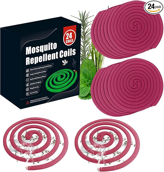 24 Mosquito Coils with 6 Metal Stands, 6-8 Hours/Burn Mosquito Repellent Outdoor Patio, Garden, Camping & Backyard Mosquitoes Repelling, Natural Mosquito Repellent Coils Safe for Kids & Pets