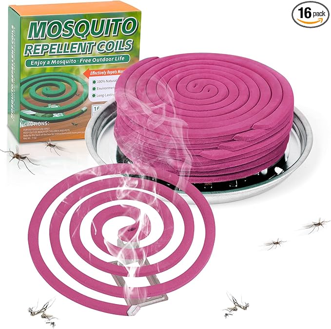16 Pack Natural Mosquito Coils with 1 Holder & 6 Stands, Long-Lasting Outdoor Mosquito Repellent for Patio, Camping, Yard, Garden, Backyard, 4-5 Hours Burn Time, Effective Citronella Mosquito Killer