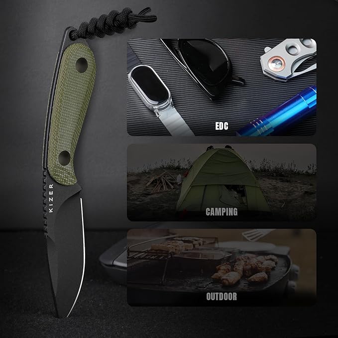 Kizer Buddy Fixed Blade Knife, 3" D2 Steel Camping Knife with Olive Green Micarta Handle, Compact EDC Fixed Blade Knives with Sheath for Hiking & Camping 1081M1