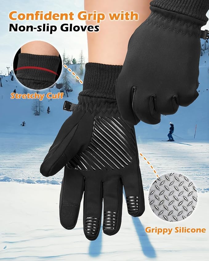 Winter Waterproof Gloves for Women: Water Proof Touch Screen Gloves for Men Running Hiking, Cold Weather Touchscreen Gloves for Phone Texting, Warm Snow Water Resistant Thermal Gloves Black
