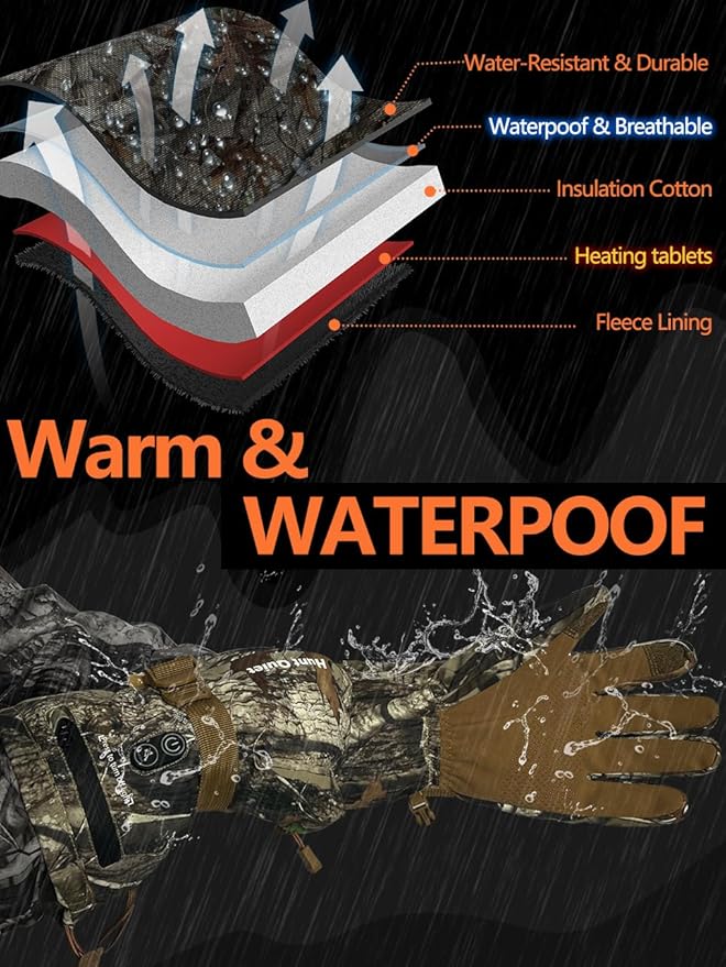 7.4V Heated Gloves for Men and Women, Rechargeable Hunting Gloves with 2 Battery Packs, 3 Heat Settings, Waterproof, Breathable&Fleece Lining, for Ice Fishing, Skiing(Next Camo G2, M-XXL)