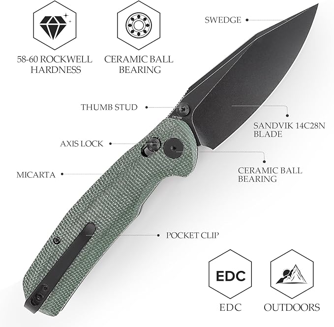 Folding Knives, 3.34” 14C28N EDC Knife for Men, Pocket Knife with Clip,Thumb Stud,Micarta Handle.Outdoor Camping Tool,Hornet-04G