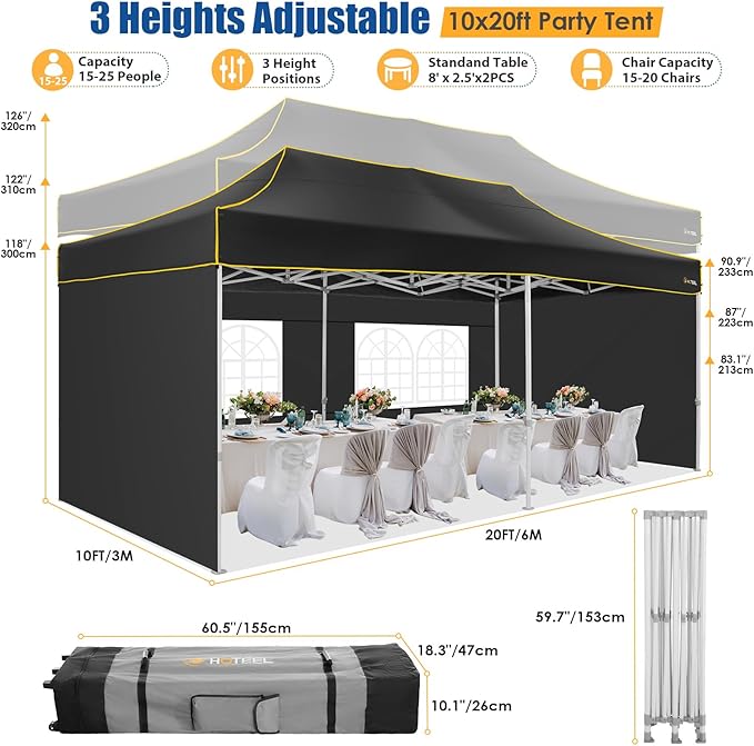 HOTEEL 10x20 Pop up Canopy Tent for Parties, Heavy Duty Easy Setup Tent with 4 Sidewalls, Outdoor Commercial Instant Gazebo for Wedding Event, with Roller Bag & Sand Bags, Black(Hexagonal Frame)
