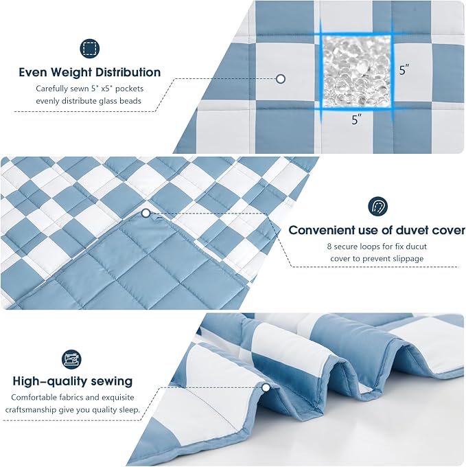 Blue Checkered Weighted Blanket for Adults 12lbs, 60"x80" Queen Size, Cooling Heavy Blanket for 110-130lbs with Premium Glass Beads, Soft Thick Big Blankets for All-Season Sleeping Comfort Breathable