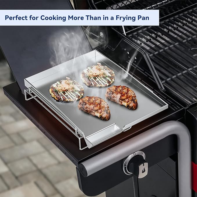 Skyflame Universal Stainless Steel Griddle, Flat Top Gas Grill Griddle Pan with Removable Rack and Raised Lip Edges, Fit for Most Gas Grill with Side Burner and Other Grills, Size 14.5" x 10"