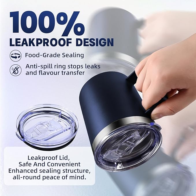 12oz Insulated Coffee Mug with Handle, Stainless Steel Wide Mouth Travel Tumblers with Lid, Double Wall Vacuum Coffee Cup for Camping, Office, Navy Blue 4 Pack