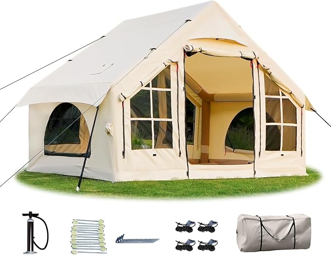 2025 Upgraded Waterproof Inflatable Camping Tent, Large Blow-Up Air Tent, No Assembly Needed Luxury Glamping House, Oxford Fabric