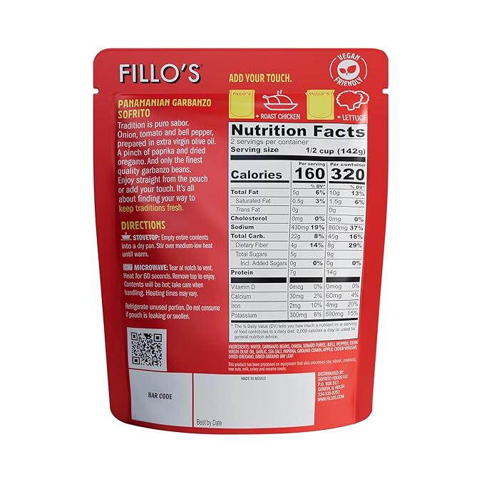 Fillo's Panamanian Garbanzo Beans, Ready to Eat Beans, 10 oz Pk of 6, Gluten-Free, Preservative-Free, Microwavable Meals, Non-GMO, Vegan, Plant Protein
