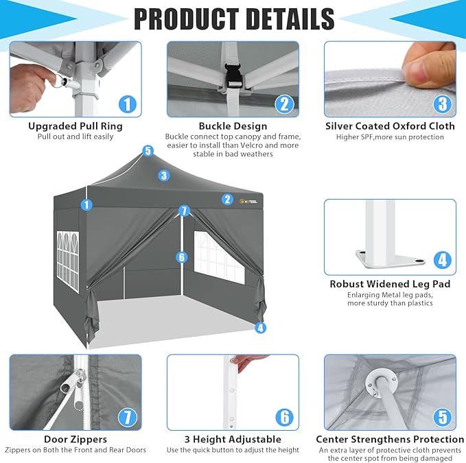 HOTEEL Pop Up Canopy Tent 10x10 with Sidewalls, Commercial Instant Waterproof Canopy for Vender Patio, UV 50+ with Silver Coated, Upgraded Thickened Hexagonal Legs, Gray