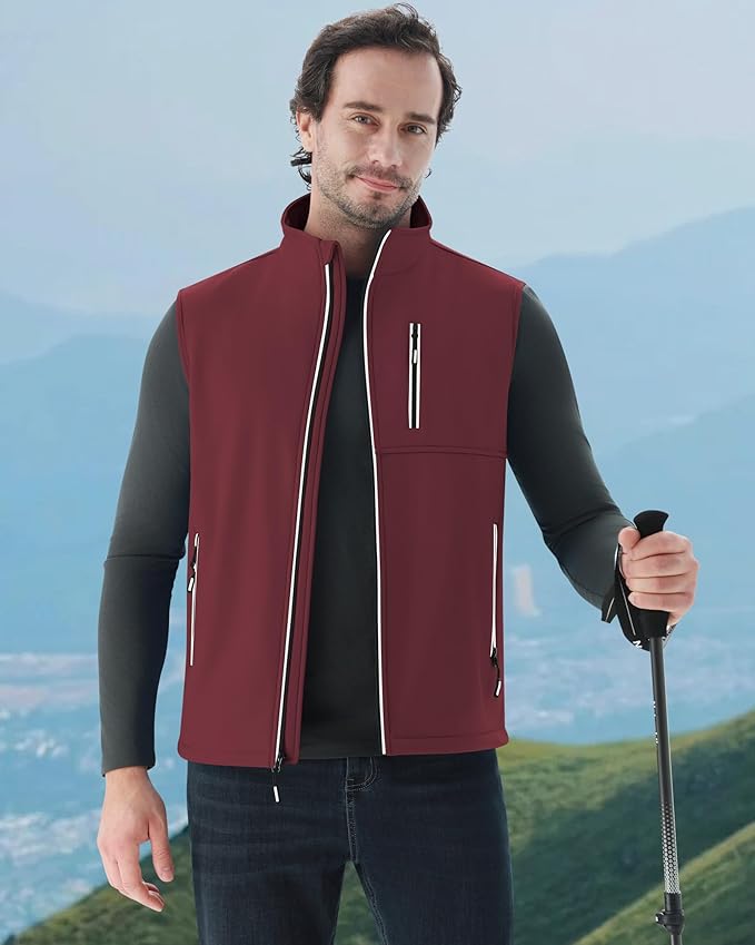 WULFUL Men's Windproof Lightweight Golf Vest Outerwear with Pockets, Softshell Sleeveless Jacket for Travel Hiking Running