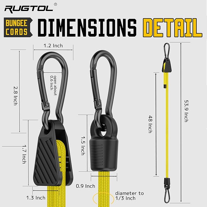 Bungee Cords with Hooks, 48 Inch Adjustable Yellow Bungee Cords with Carabiner Heavy Duty Outdoor, 8mm Thick Easy to Adjust Bungee Rope UV Resistant for Truck Bed, Bike Rack, Camping, 6 Pack