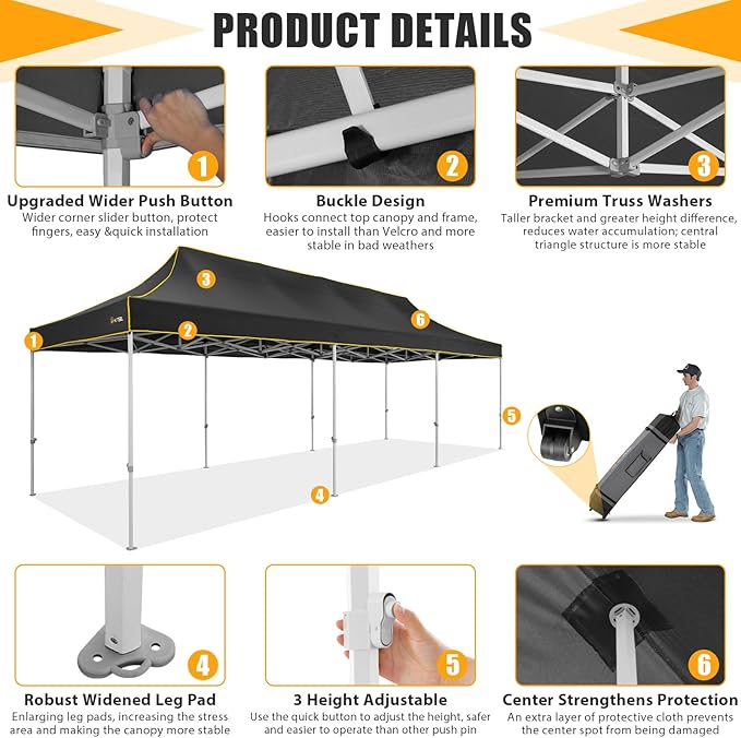 HOTEEL 10x30 Heavy Duty Pop Up Canopy Tent for Parties Event Wedding Commercial Instant Canopy with Wheeled Bag, Party Tent Waterproof UV 50+&Windproof, Upgraded Thick Hexagonal Legs, Black