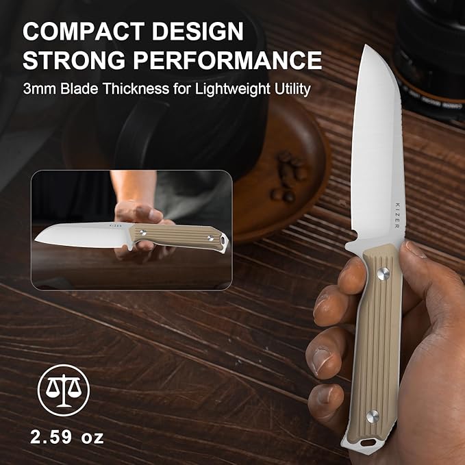 Kizer Begleiter Fix Fixed Blade Knife, 3.75" Sheepsfoot AEB-L Blade Hunting Knives with Kydex Sheath, Brown G10 Handle EDC Knife for Camping Hunting Survival 1045MS2