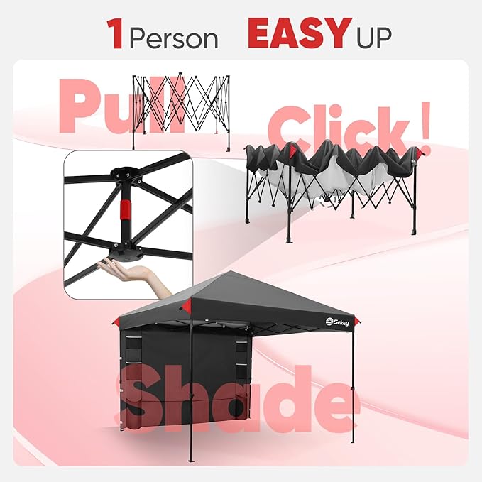 Sekey 10x10 Pop Up Canopy with Pockets Sidewall, One Push Setup Instant Outdoor Gazebo, Instant Easy Up Canopy with UPF50+ Top, 4 Weight Bags for Events, Beach, Patio, Camping