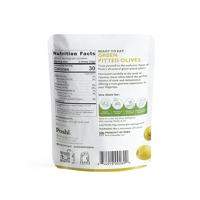 Poshi Green Olives On-The-Go - Original Flavor - Single Serve Pitted Olives - Convenient and Healthy Snack Packs - All Natural, Non-GMO, Kosher, Gluten-Free - 1.1 Oz Bags (30/Pack)