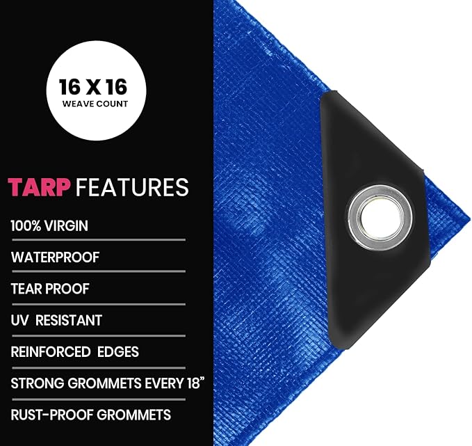 PROTARP Extreme Heavy Duty 22 Mil Tarp Cover, Waterproof, UV Resistant, Rip and Tear Proof, Poly Tarpaulin with Reinforced Edges for Roof, Camping, Patio, Pool, Boat. (Blue 30′ X 60′)